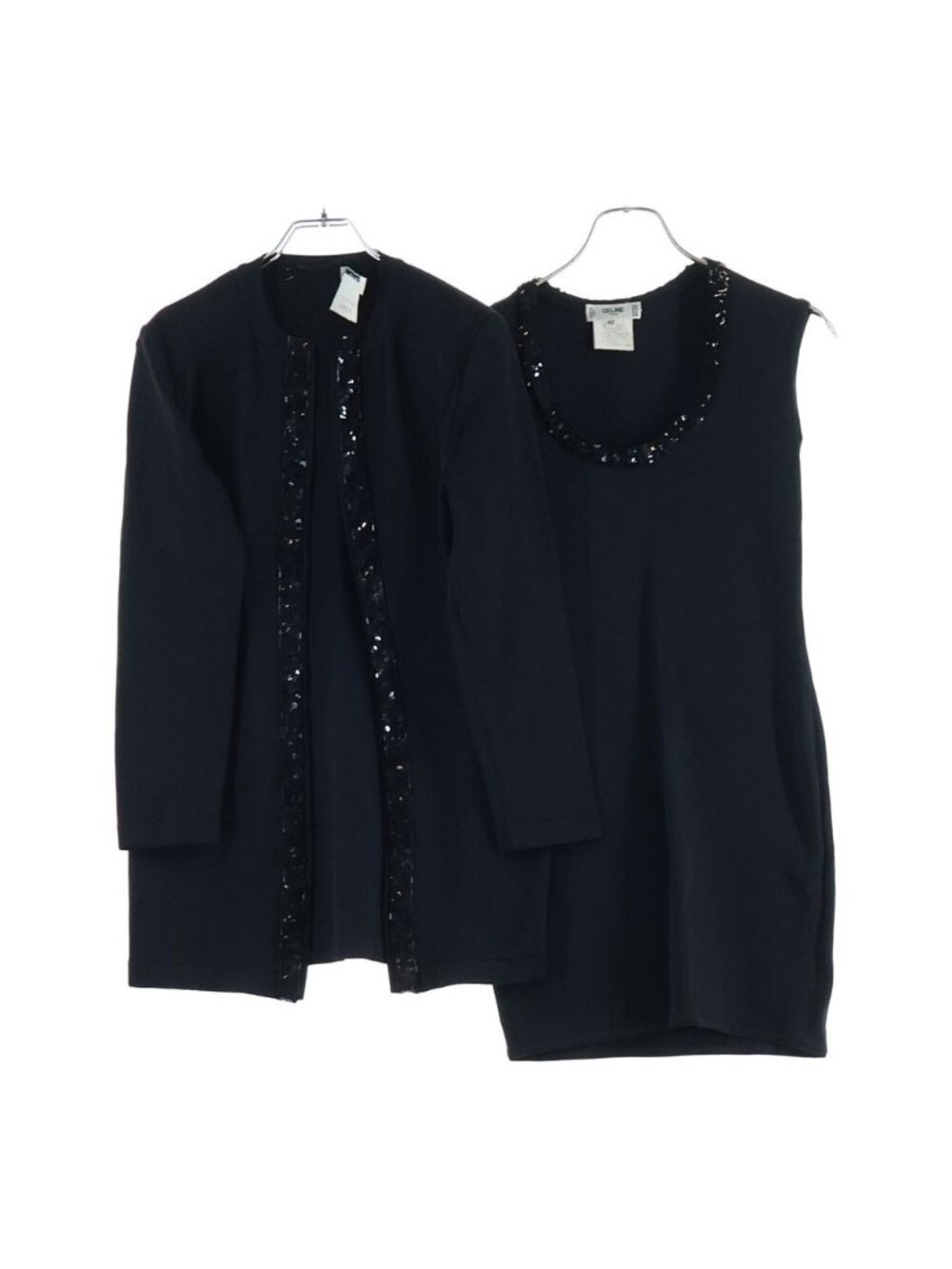 Celine Sequin Collarless Jacket Sleeveless Knit Dress Black